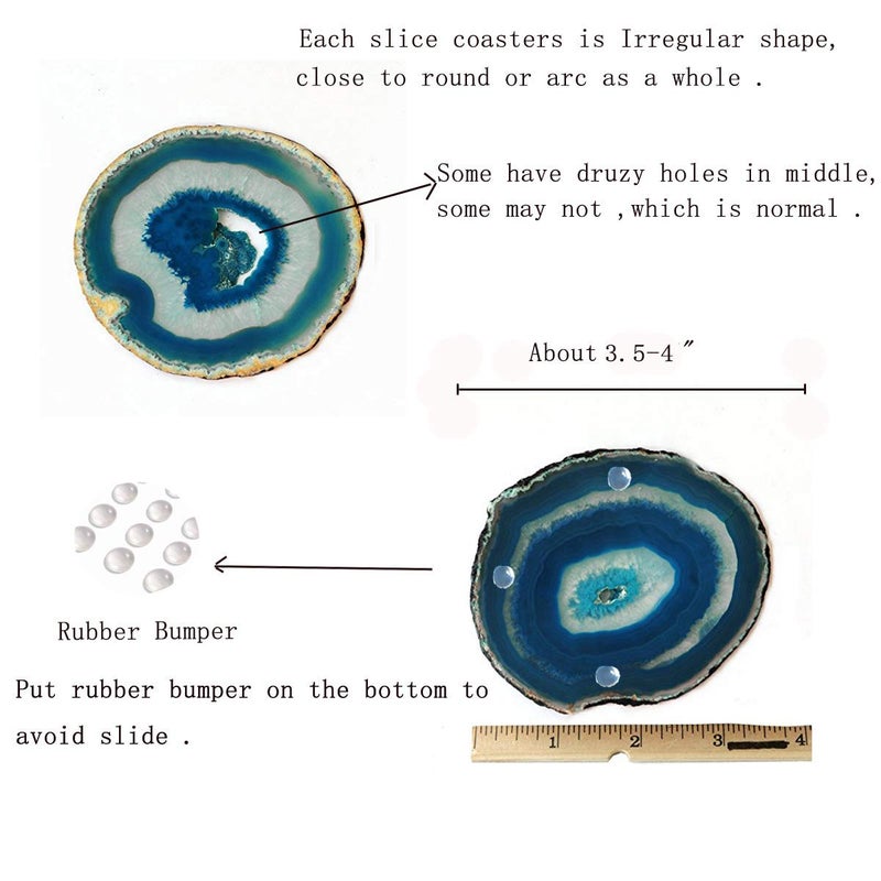 JIC Gem Dyed Teal 3.5-4" Agate Coaster Sliced Natural Agate Coaster for Small Size Cup or Coffee Cup Home Decor with Rubber Bumper Set of 4 - Image 3